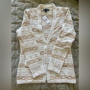 Ann Taylor Tan and White Striped Tweed Cardigan, New! Size M